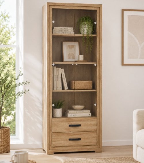Vitrina con 2 Puertas de Cristal y 2 Cajones con Sistema de Freno