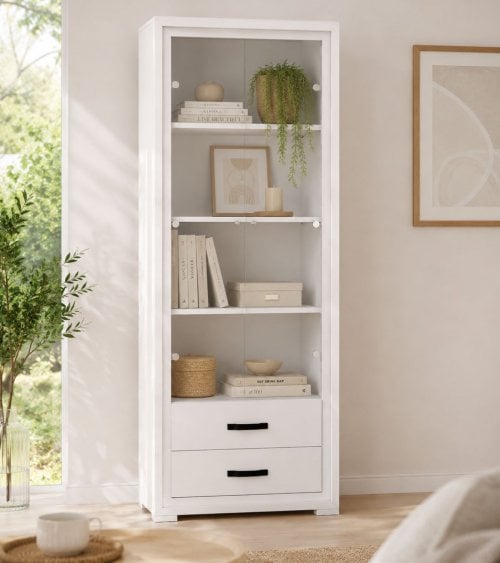 Vitrina con 2 Puertas de Cristal y 2 Cajones con Sistema de Freno