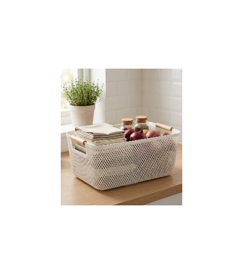 Cesta de Rejilla con Asa de Madera de Plástico