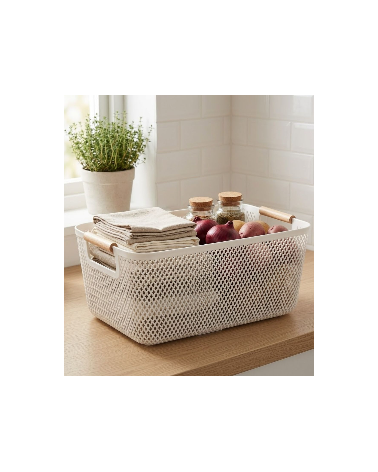 Cesta de Rejilla con Asa de Madera de Plástico