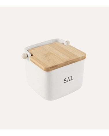 Salero Minimalista de Cerámica con Tapa de Bambú