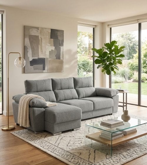 Sofá Chaise Longue Duna de 4 Plazas Sintra con Arcon de Madera de Pino