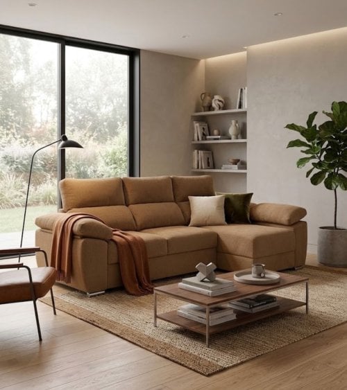 Sofá Chaise Longue Milo de 4 Plazas Kyoto con Arcon de Madera de Pino