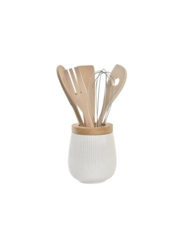 Set de 6 Utensilios de Cocina en Porcelana y Bambu