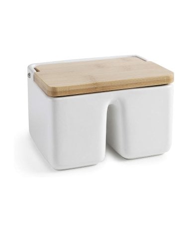 Salero Doble de Ceramica y Bambu, Ideal para Cocina y Comedor Elegante