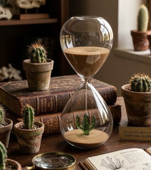Reloj de Arena con Cactus en el Interior de Vidrio de Borosilicato