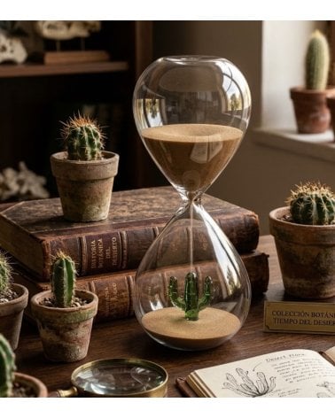 Reloj de Arena con Cactus en el Interior de Vidrio de Borosilicato