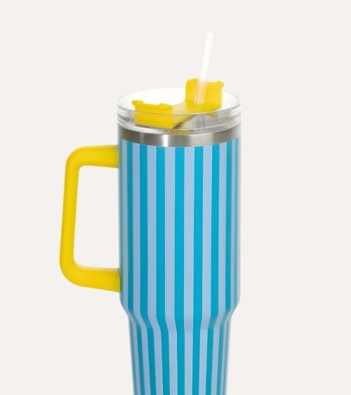 Vaso Termo a Rayas con Tapa y Pajita de Acero Inoxidable