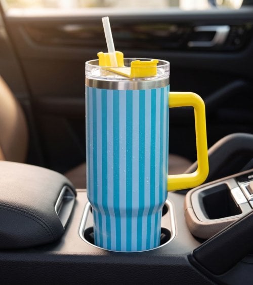 Vaso Termo a Rayas con Tapa y Pajita de Acero Inoxidable