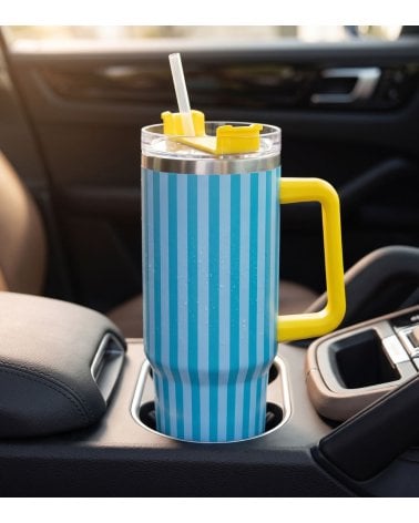 Vaso Termo a Rayas con Tapa y Pajita de Acero Inoxidable