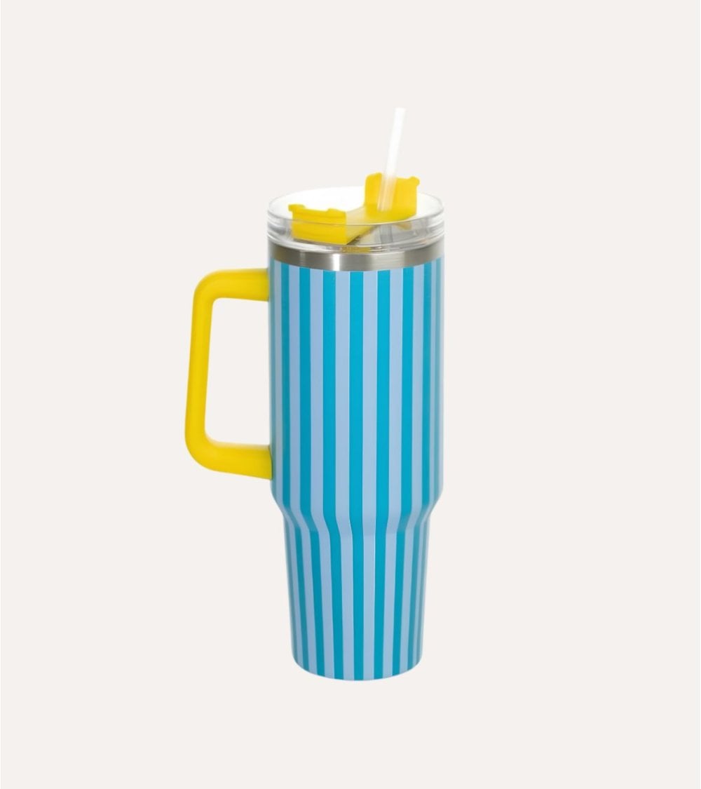 Vaso Termo a Rayas con Tapa y Pajita de Acero Inoxidable