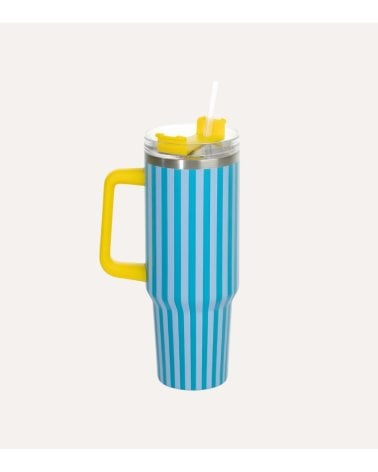 Vaso Termo a Rayas con Tapa y Pajita de Acero Inoxidable