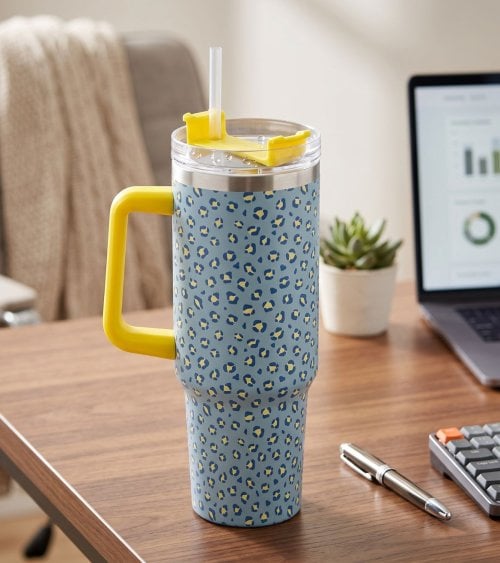 Vaso Termo Estampado Animal con Tapa y Pajita de Acero Inoxidable