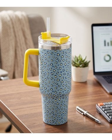 Vaso Termo Estampado Animal con Tapa y Pajita de Acero Inoxidable
