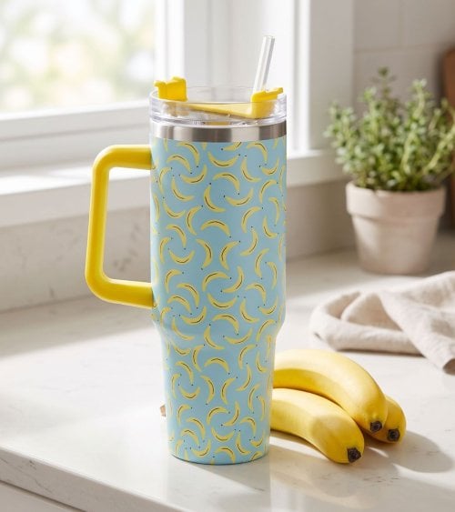 Vaso Termo Bananas con Tapa y Pajita de Acero Inoxidable