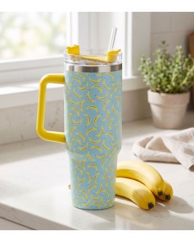 Vaso Termo Bananas con Tapa y Pajita de Acero Inoxidable