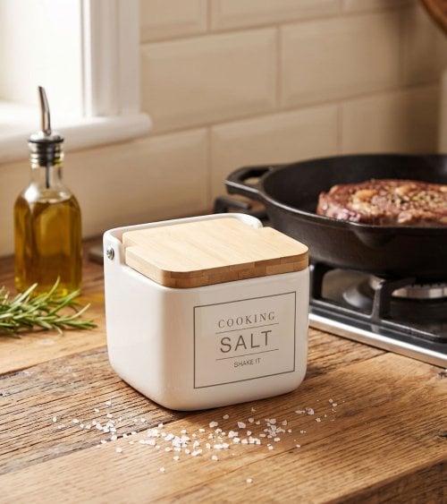 Salero Essential de Tapa de Bambú y Cerámica