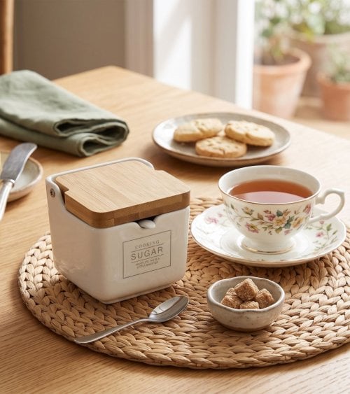 Azucarero Essential de Tapa de Bambú y Porcelana