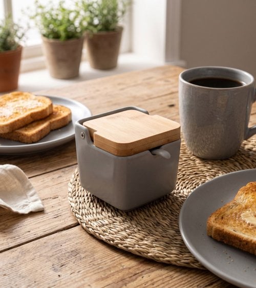 Azucarero de Cerámica con Tapa de Bambú con Cuchara
