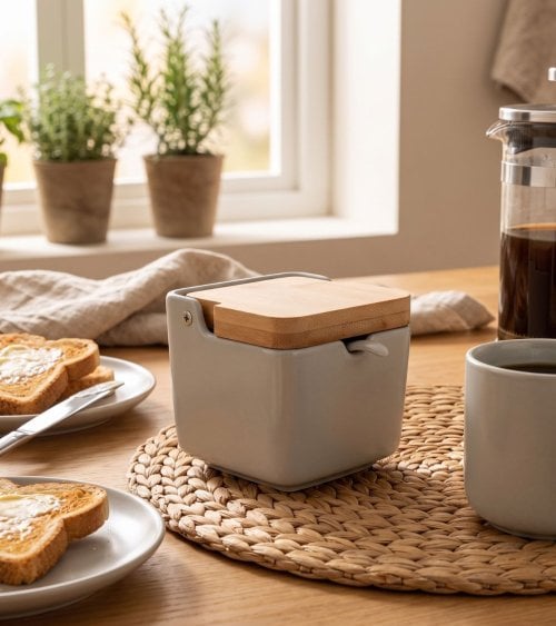 Azucarero de Cerámica con Tapa de Bambú con Cuchara
