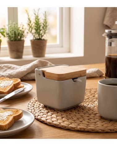 Azucarero de Cerámica con Tapa de Bambú con Cuchara