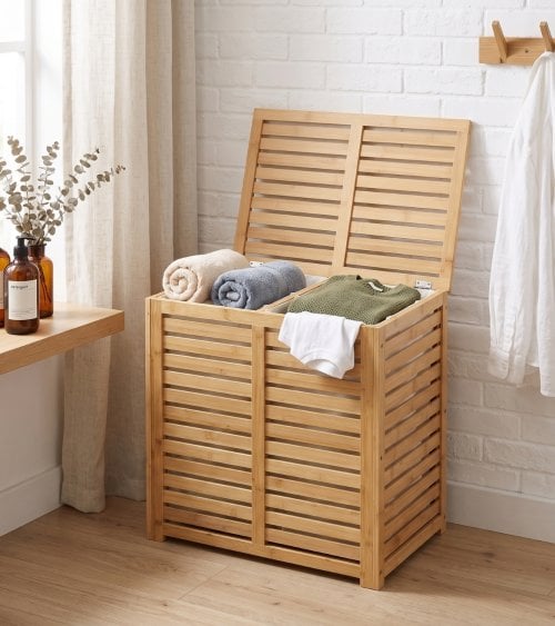 Cesto para Ropa de Bambú con Tapa y 2 Bolsas de Tela