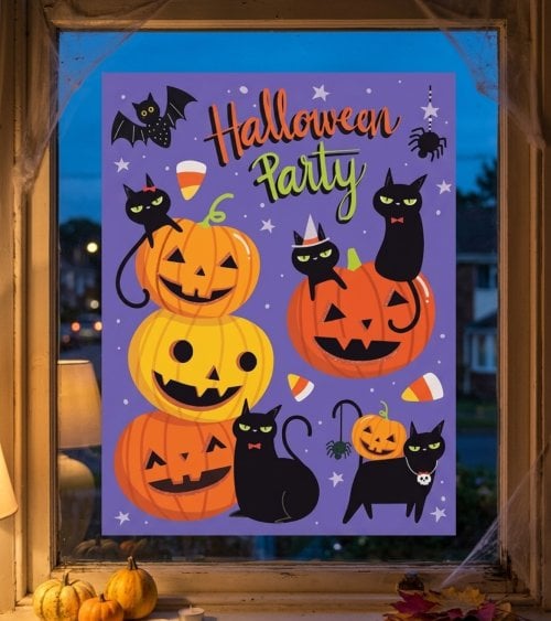 Pegatina de Calabazas y Gatos para Ventana de Poliestireno