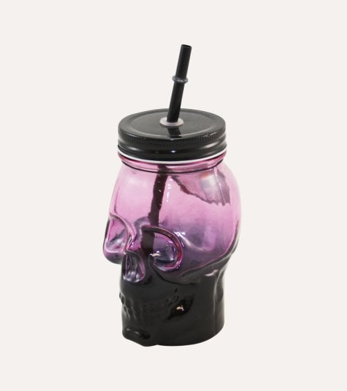 Vaso Calavera con Tapa y Pajita de Vidrio