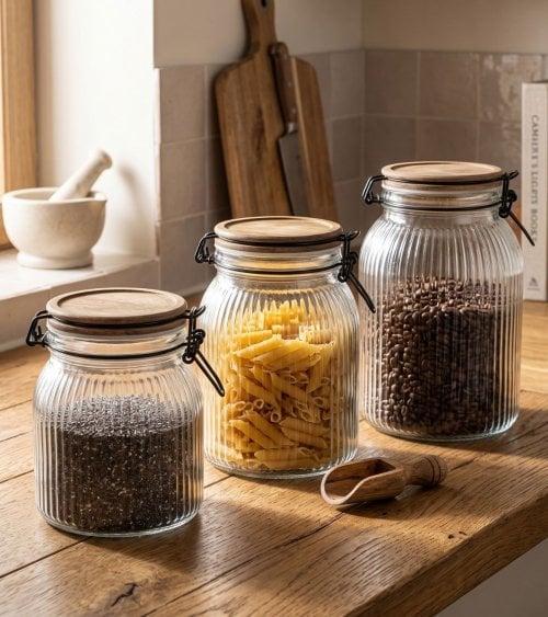 Bote con Tapa de Acacia y Cristal para Cocina