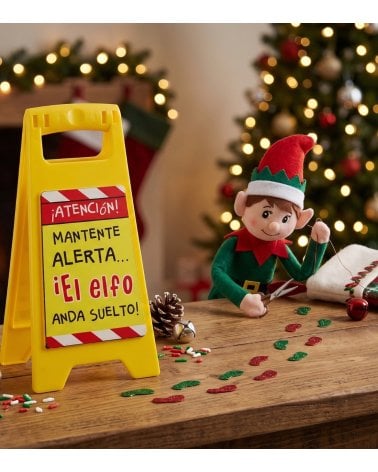 Cartel Decorativo Cuidado Elfo Suelto para Navidad