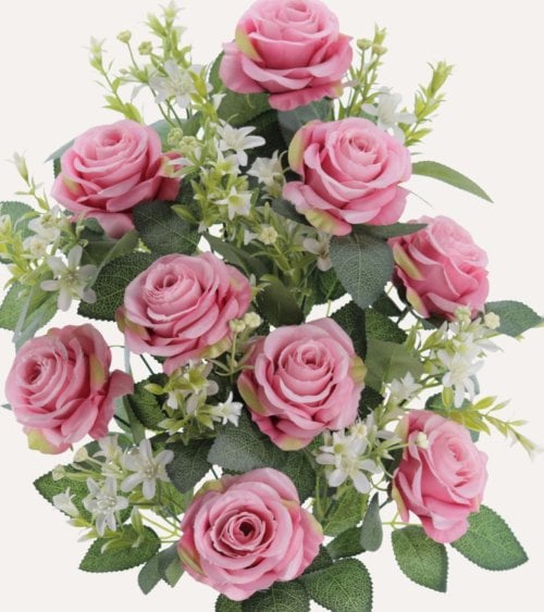 Palma Decorativa Rosas y Hojas de Rosal de Poliéster y Plástico
