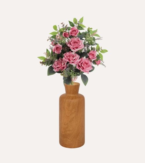 Palma Decorativa Rosas y Hojas de Rosal de Poliéster y Plástico