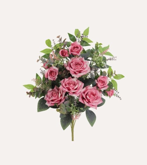 Palma Decorativa Rosas y Hojas de Rosal de Poliéster y Plástico