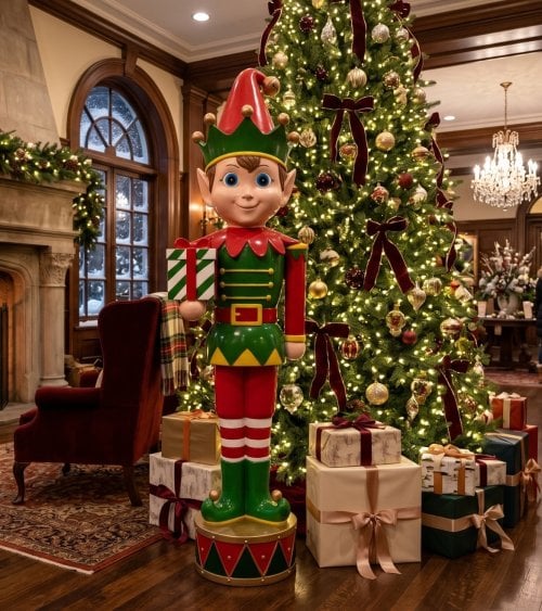 Figura Decorativa Elfo con Regalo Navideño de Poliresina