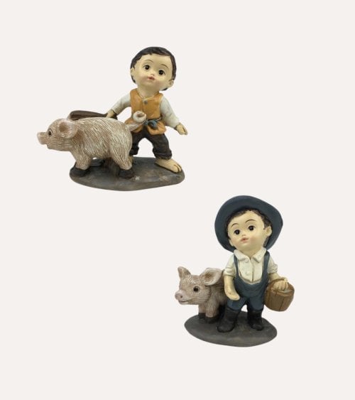 Figura de Niño con un Cerdo para Belén Navideño