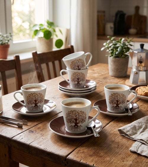 Set de 6 Tazas y Platos Gaia para Café de Porcelana
