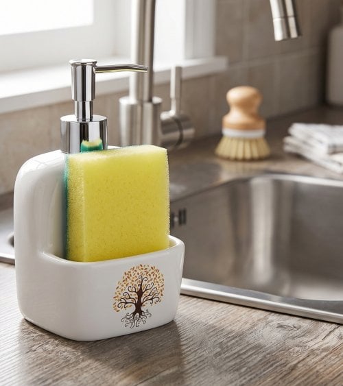 Dispensador de Jabón Gaia con Estropajo de Cerámica