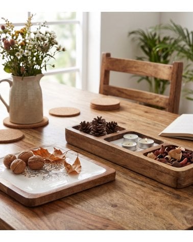 Centro de Mesa Gaia con 3 Compartimentos de Madera de Mango