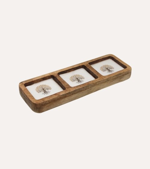 Centro de Mesa Gaia con 3 Compartimentos de Madera de Mango