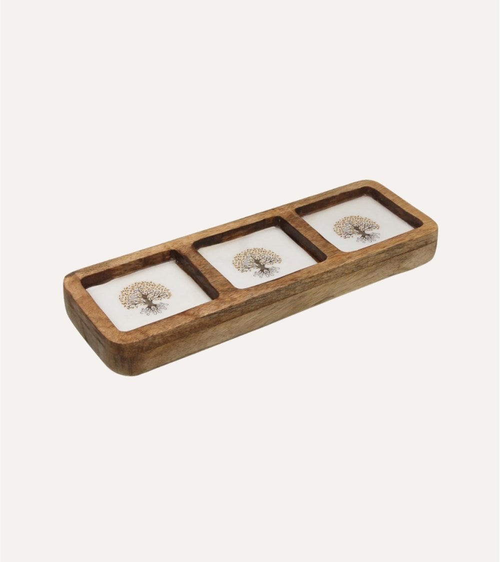 Centro de Mesa Gaia con 3 Compartimentos de Madera de Mango