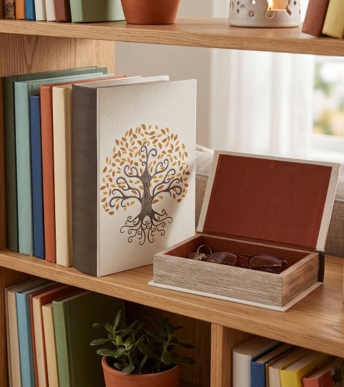 Libro Decorativo con Compartimento Gaia de Lienzo y Madera
