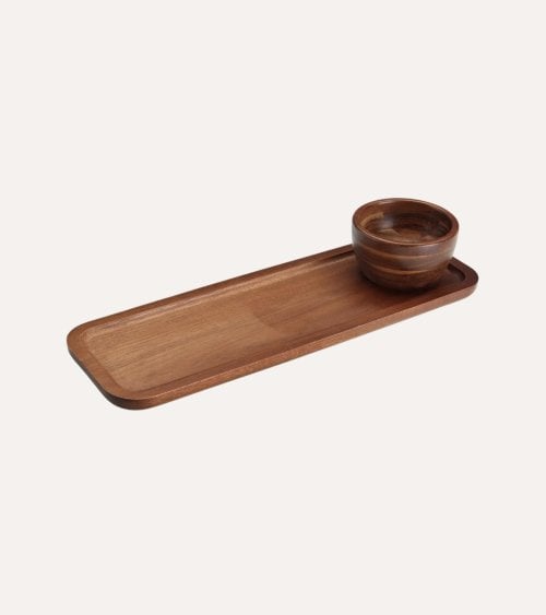 Bandeja con Bol de Madera de Acacia