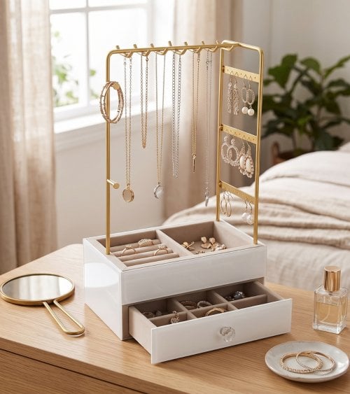 Joyero Organizador Vertical con Colgador de Madera y Metal
