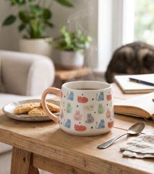 Taza Mug Gatos con Huellas de Porcelana