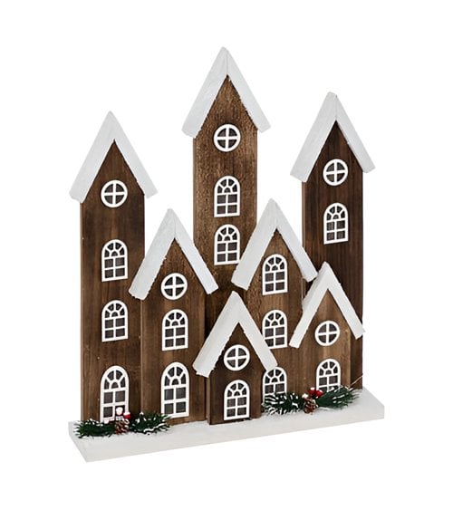 Aldea de madera nieve led 40cm, marrón