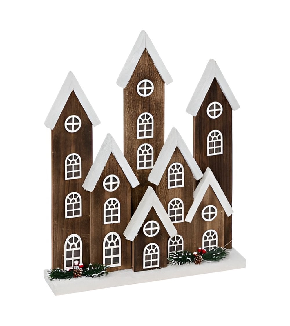 Aldea de madera nieve led 40cm, marrón