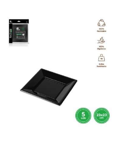 Plato Llano de Plástico Reutilizable Negro 23x23 cm S/5 - Utensilio de Cocina