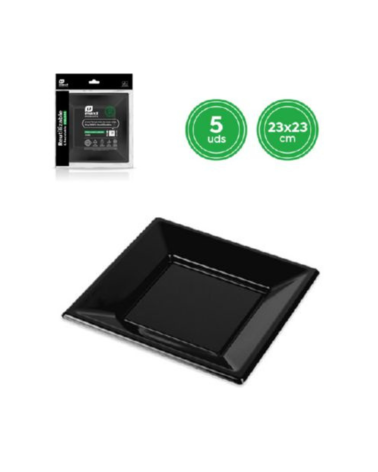 Plato Llano de Plástico Reutilizable Negro 23x23 cm S/5 - Utensilio de Cocina